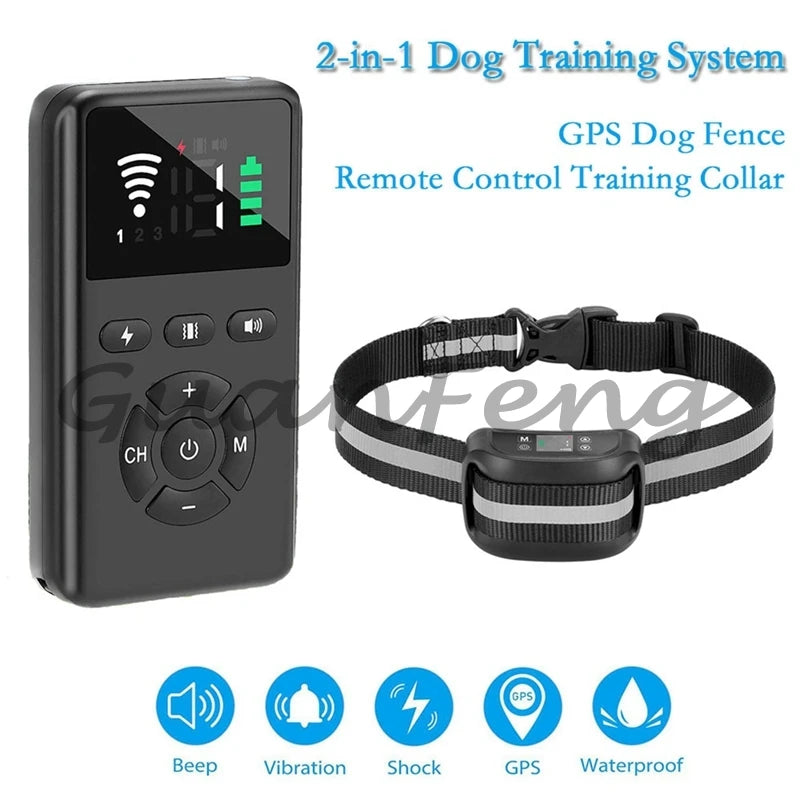 2 in 1 Smart Pet Dog Training System GPS Electronic Fence Remote Control Training Device Rechargeable Waterproof Collar